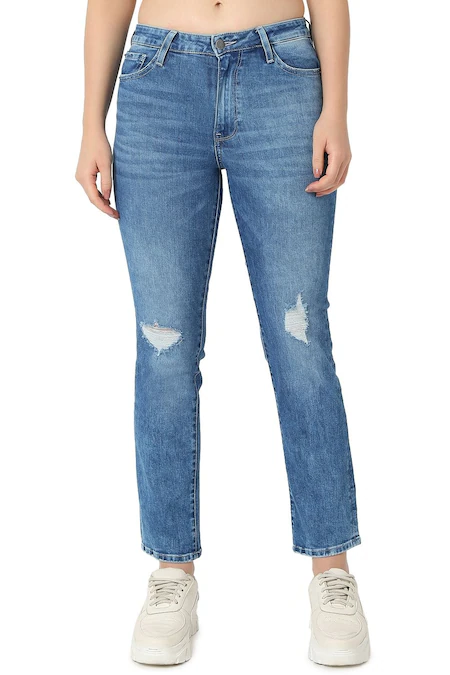 Medium Blue Solid Ankle Length Casual Women Slim Fit Jeans